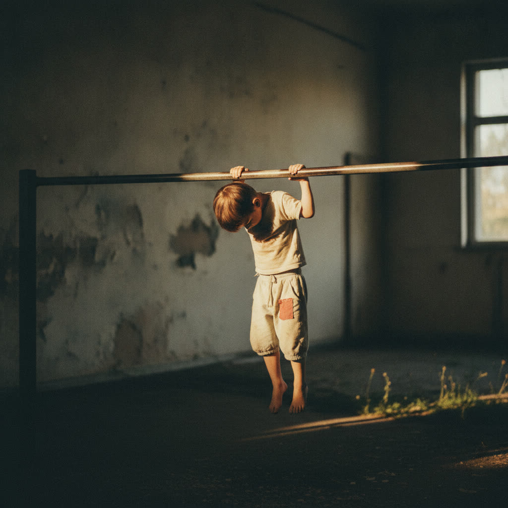 Child in a passive dangle, shoulders shrugged to the ears