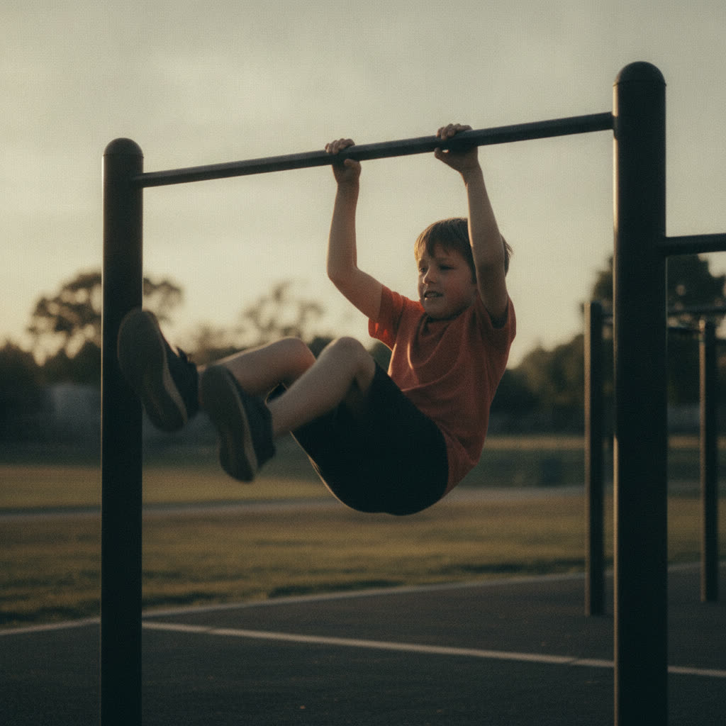 Child swinging and kipping wildly on a bar