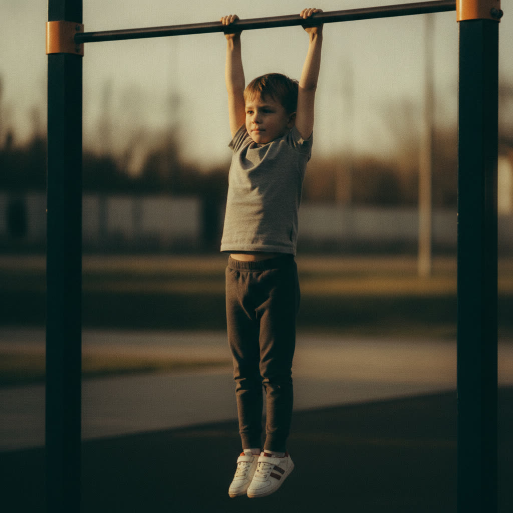 Child in an active hang, shoulders packed down