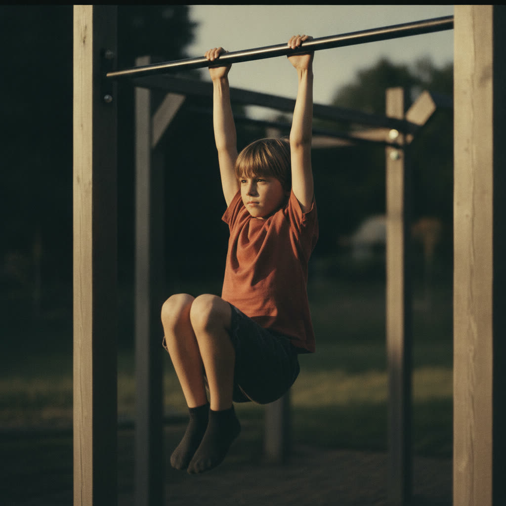 Child doing a controlled hanging knee-raise