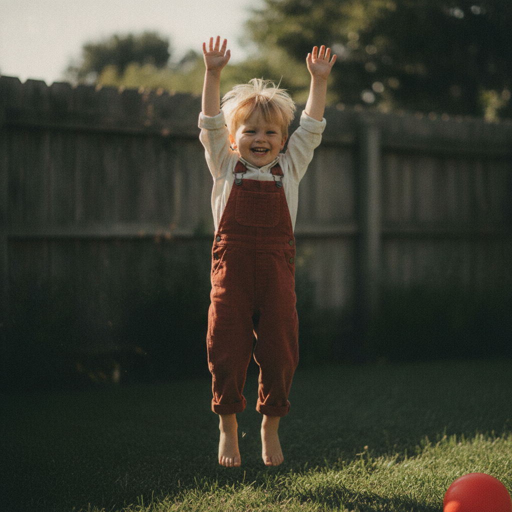 A toddler jumping with joy
