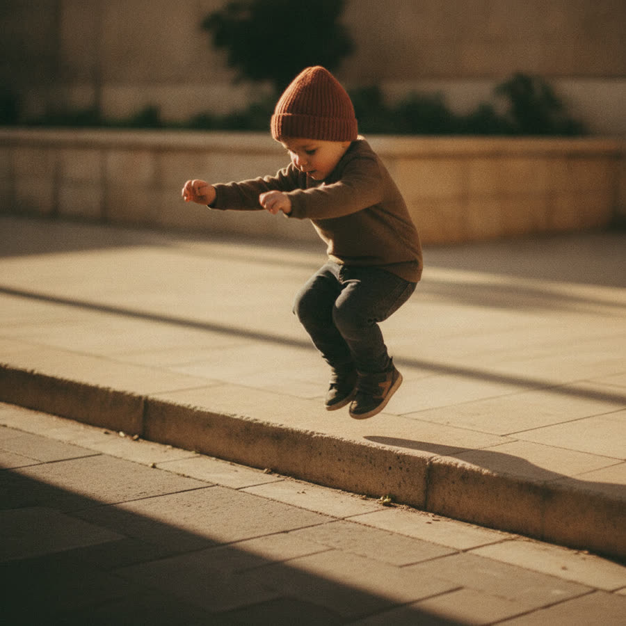 A child sticking a landing off a step
