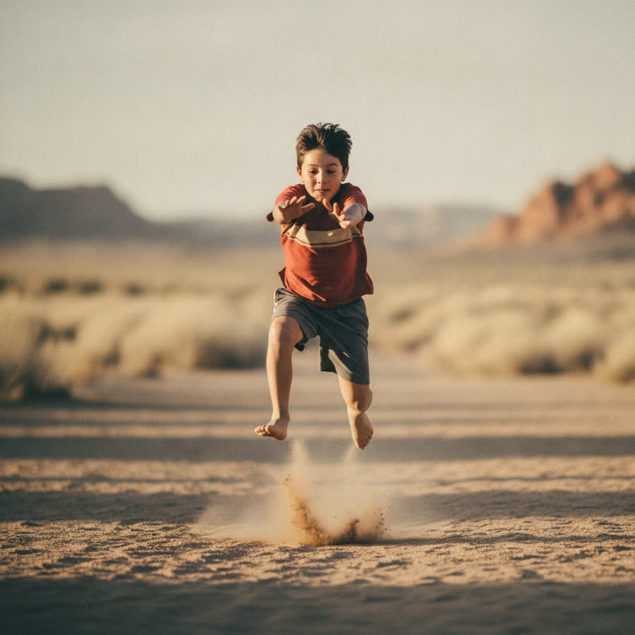 A child airborne in a broad jump