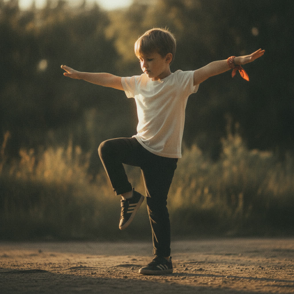 Child holding a balanced single-leg landing
