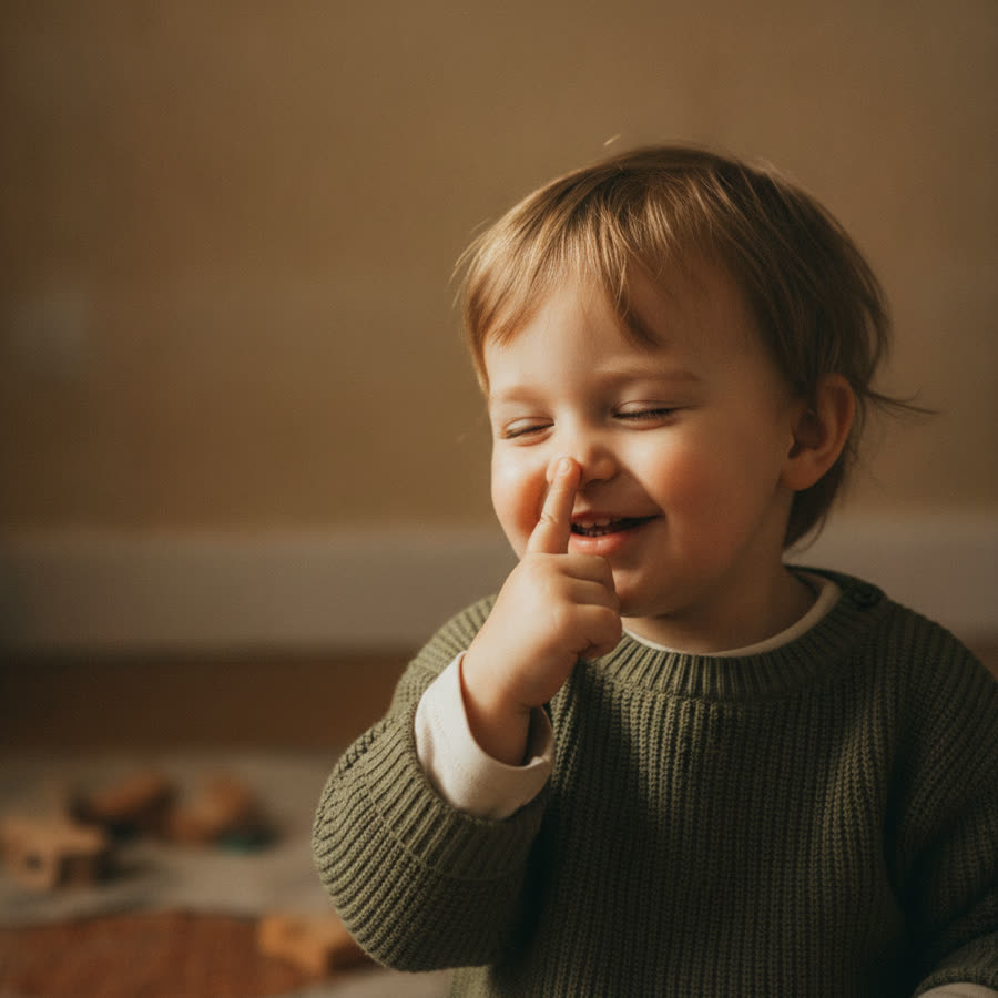 A toddler touching their nose with eyes closed