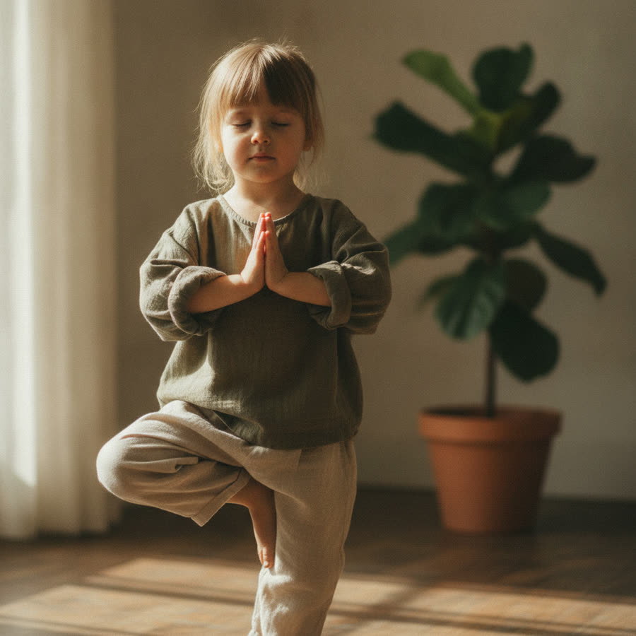 A child holding a one-leg pose with eyes closed