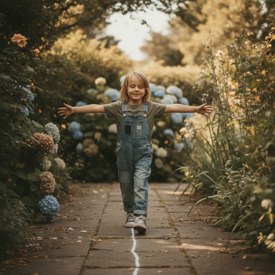 A child walking a line with eyes closed