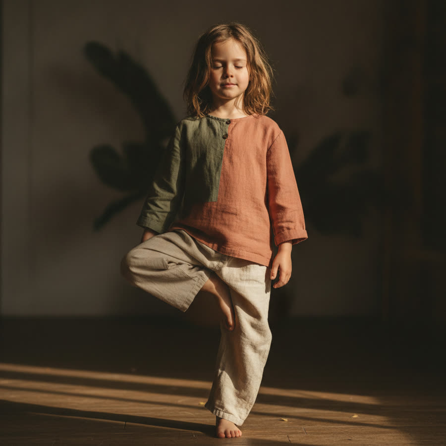 A pre-teen holding a single-leg balance with eyes closed