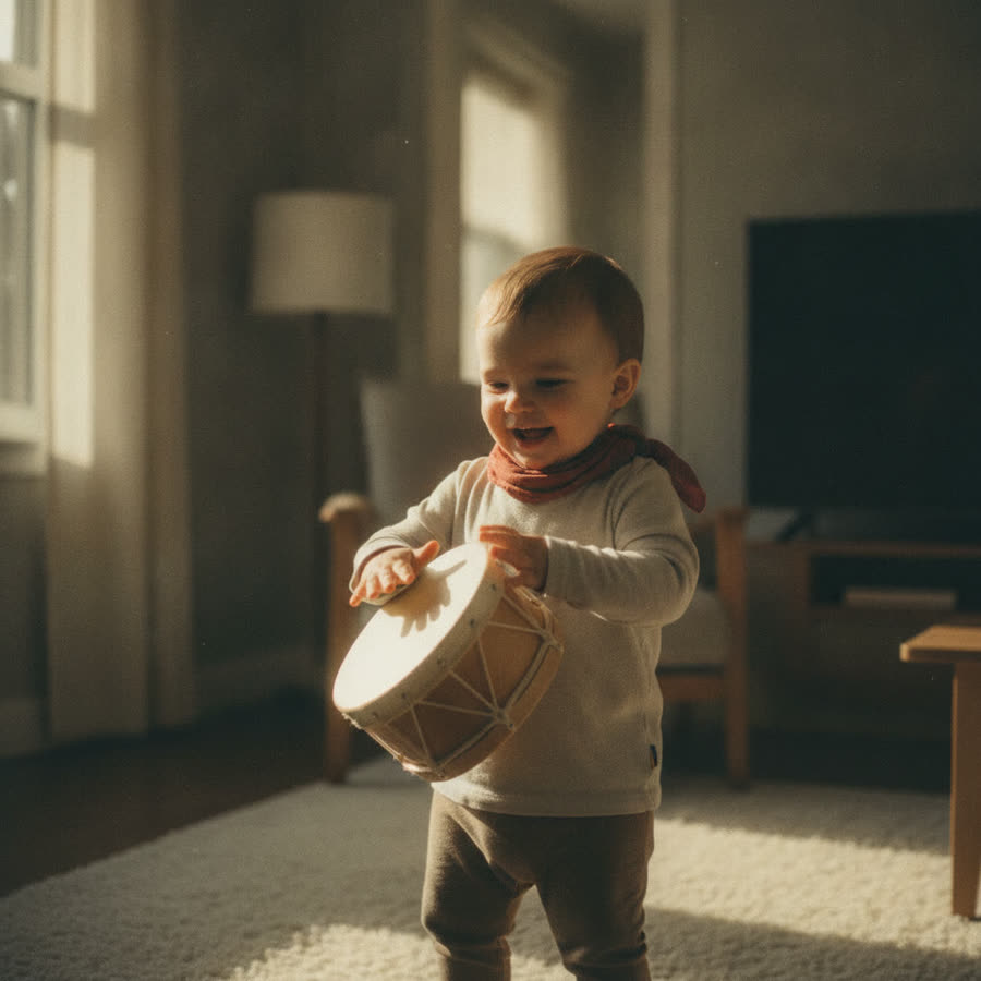 A toddler banging a drum