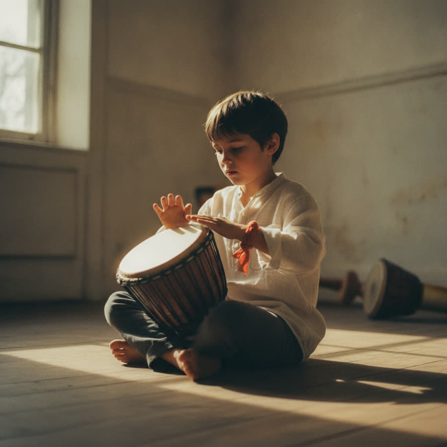 A child playing a djembe