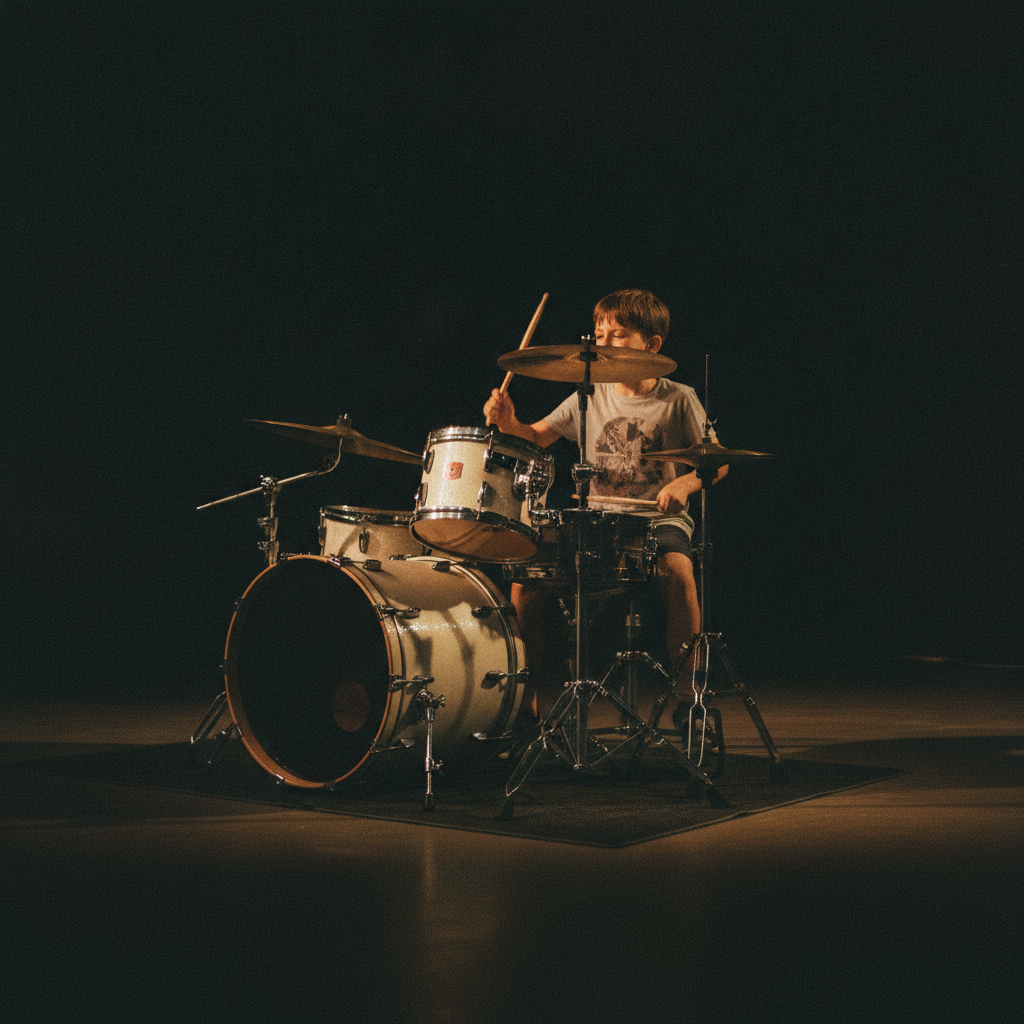 A child playing a drum kit