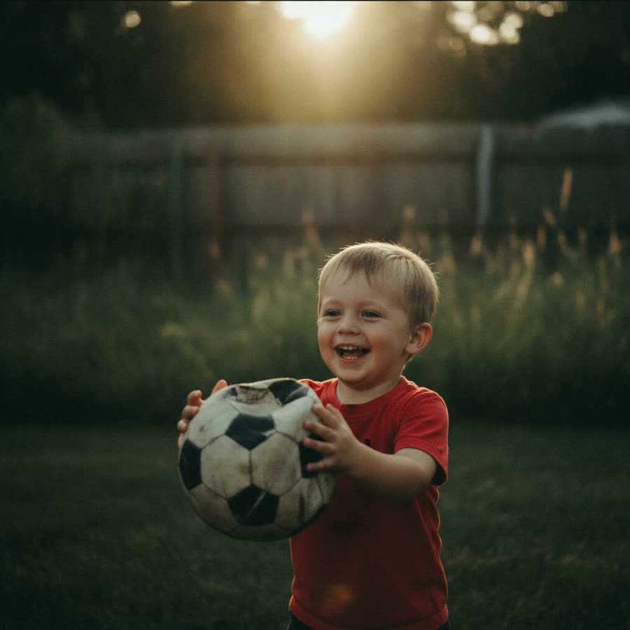A toddler pushing a ball forward