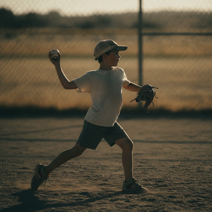 A child mid-throw with hip and shoulder rotation