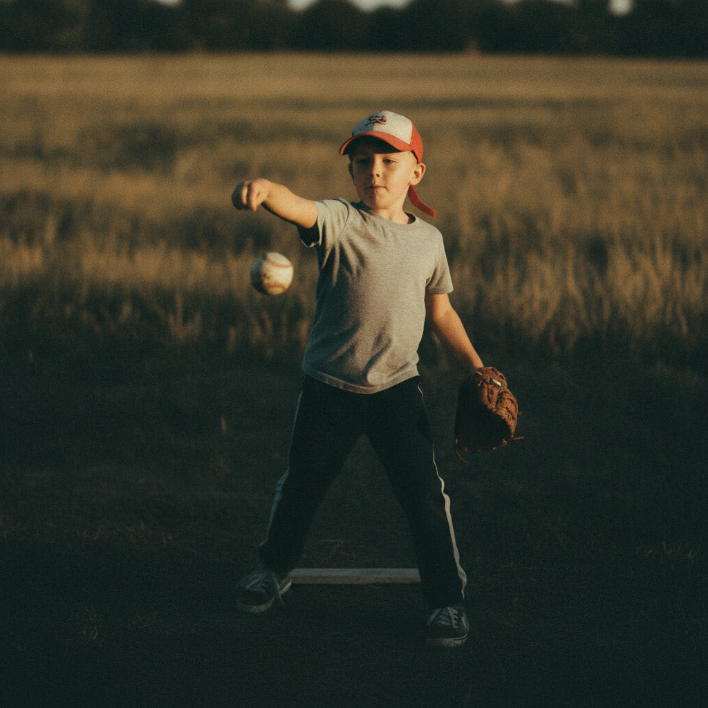 Child feet square and planted, throwing with just the arm
