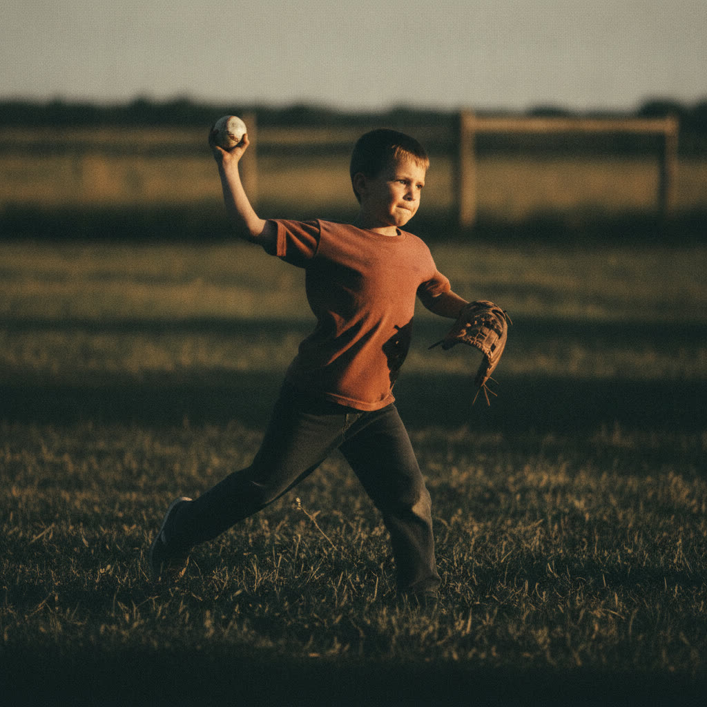 Child stepping onto the opposite foot, arm cocked, hips winding